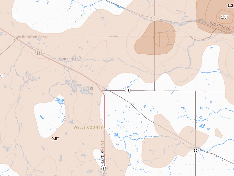 Radar-estimated hail-size map of the storm over Fessenden, ND on Sep 3, 2026