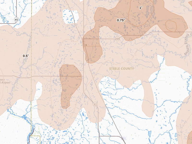 Radar-estimated hail-size map of the storm over Finley, ND on Sep 3, 2026