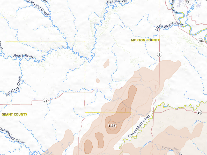 Radar-estimated hail-size map of the storm over Flasher, ND on Jun 9, 2026