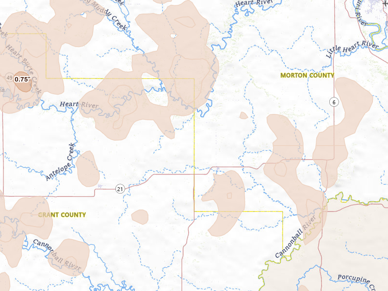 Radar-estimated hail-size map of the storm over Flasher, ND on Jun 27, 2026