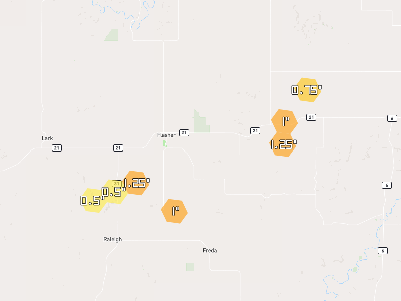 Hail map of Flasher, ND on Jun 28, 2026, hail up to 1.25"