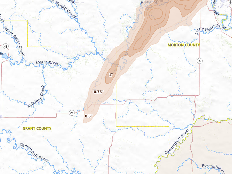 Radar-estimated hail-size map of the storm over Flasher, ND on Jun 29, 2026