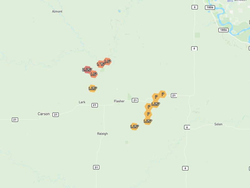 Hail map of Flasher, ND on Jun 29, 2026, hail up to 2.25"