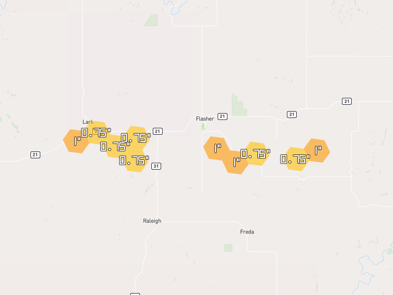 Hail map of Flasher, ND on Jul 2, 2026, hail up to 1"