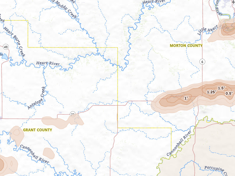 Radar-estimated hail-size map of the storm over Flasher, ND on Jul 9, 2026