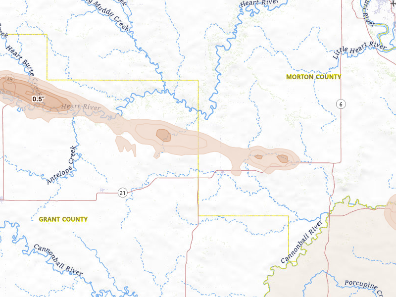 Radar-estimated hail-size map of the storm over Flasher, ND on Jul 19, 2026