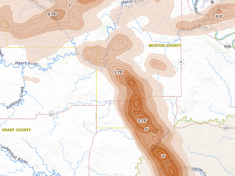 Radar-estimated hail-size map of the storm over Flasher, ND on Aug 11, 2026