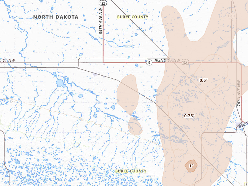 Radar-estimated hail-size map of the storm over Flaxton, ND on Jun 7, 2026