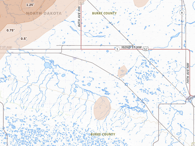 Radar-estimated hail-size map of the storm over Flaxton, ND on Jun 9, 2026