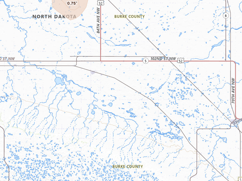 Radar-estimated hail-size map of the storm over Flaxton, ND on Jul 5, 2026