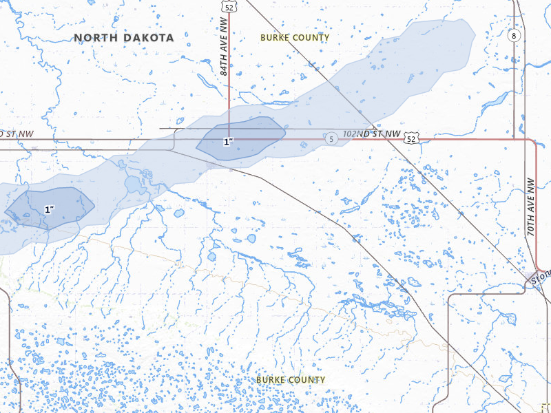 NEXRAD radar-signature map of the hail storm over Flaxton, ND on Jul 5, 2026