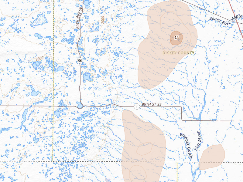 Radar-estimated hail-size map of the storm over Forbes, ND on Jun 9, 2026