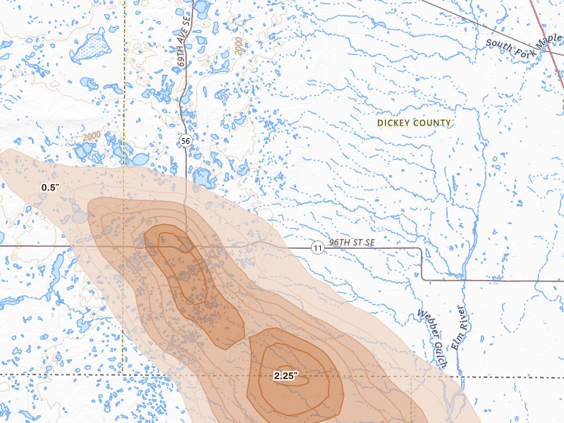 Radar-estimated hail-size map of the storm over Forbes, ND on Jul 24, 2026