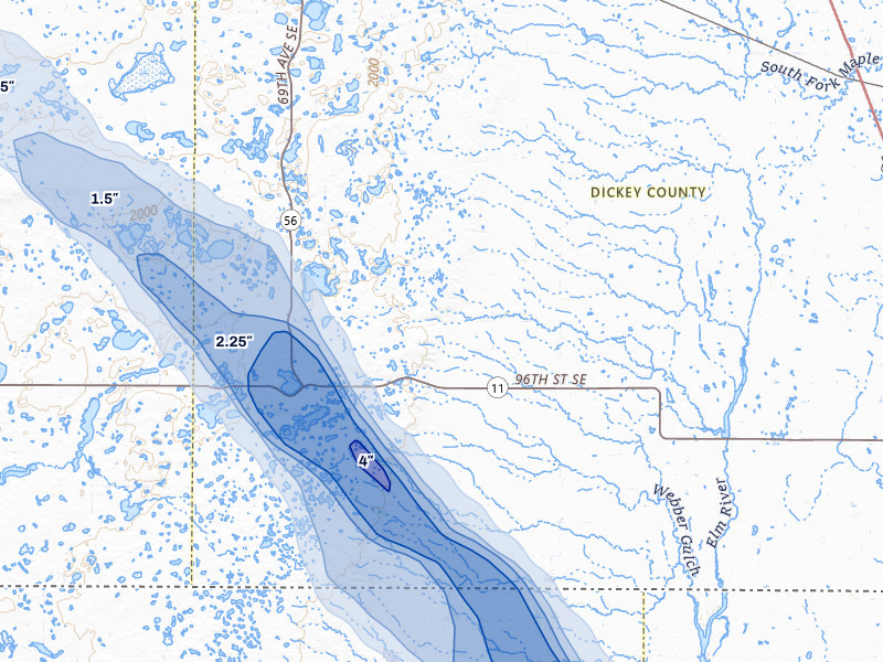 NEXRAD radar-signature map of the hail storm over Forbes, ND on Jul 24, 2026
