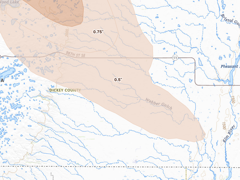 Radar-estimated hail-size map of the storm over Forbes, ND on Aug 11, 2026