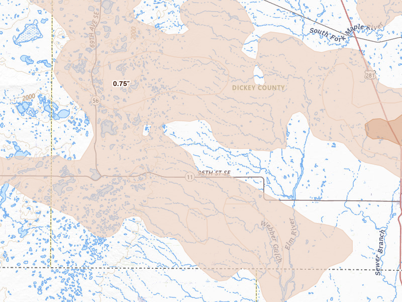 Radar-estimated hail-size map of the storm over Forbes, ND on Aug 24, 2026