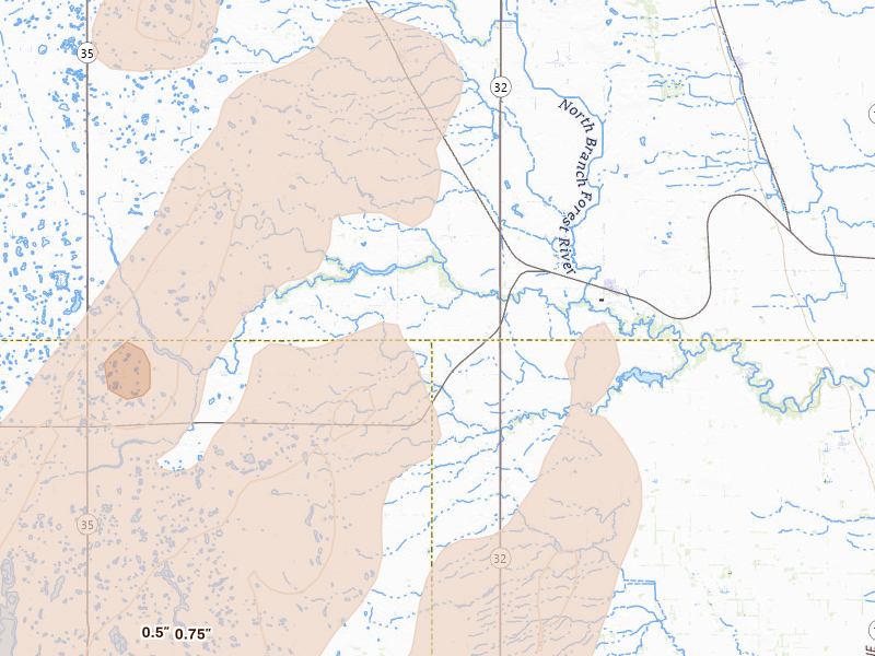 Radar-estimated hail-size map of the storm over Fordville, ND on Jun 2, 2026