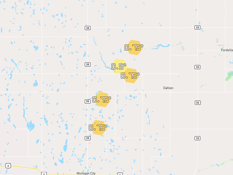 Hail map of Fordville, ND on Jun 2, 2026, hail up to 0.75"