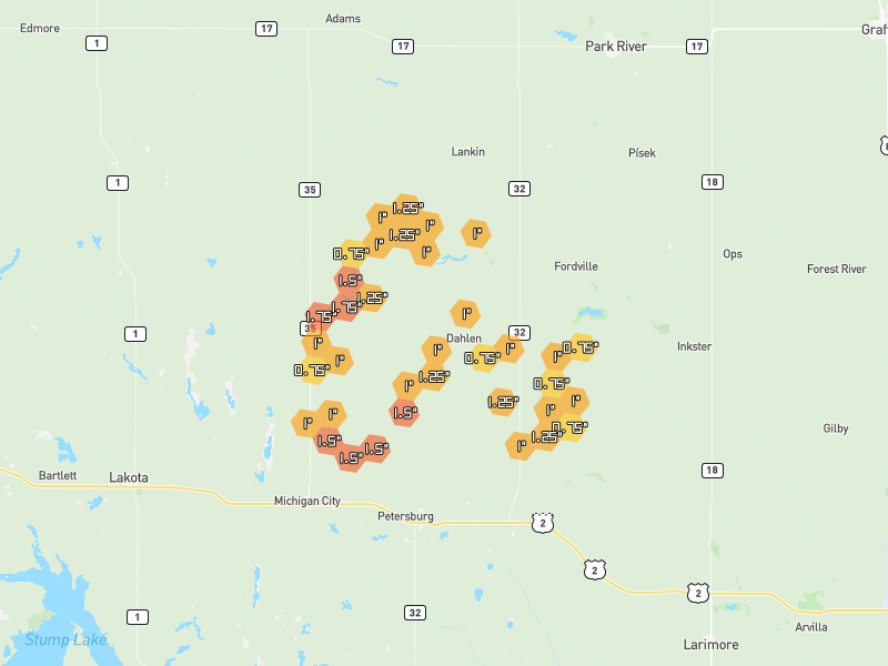 Hail map of Fordville, ND on Jun 3, 2026, hail up to 1.75"