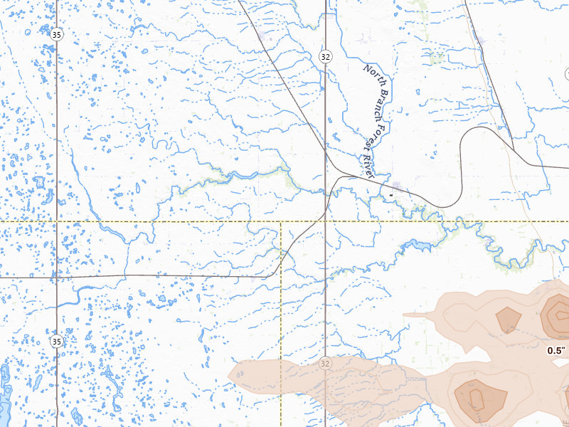 Radar-estimated hail-size map of the storm over Fordville, ND on Jul 24, 2026