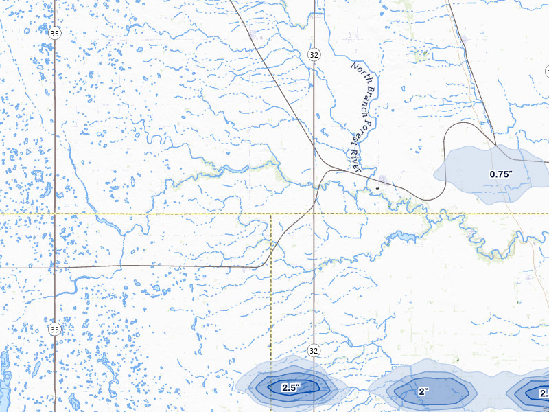 NEXRAD radar-signature map of the hail storm over Fordville, ND on Jul 24, 2026