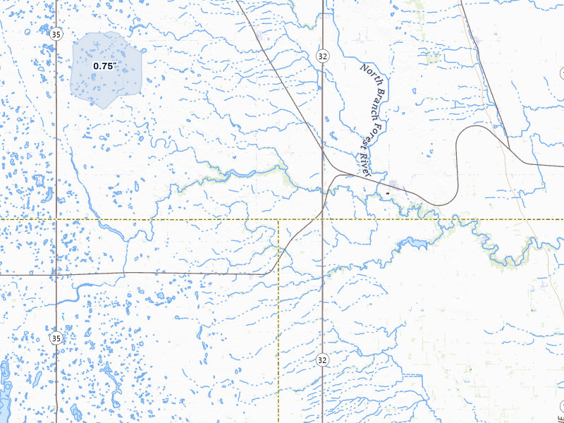 NEXRAD radar-signature map of the hail storm over Fordville, ND on Jul 30, 2026