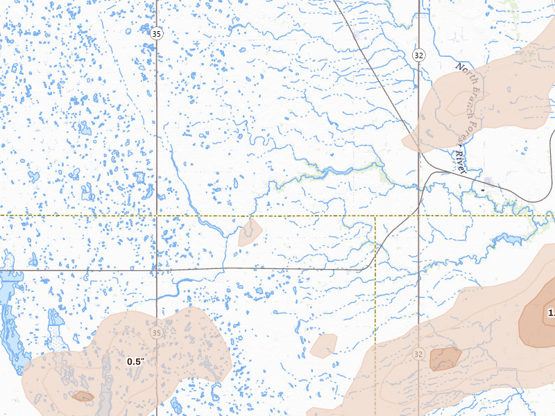 Radar-estimated hail-size map of the storm over Fordville, ND