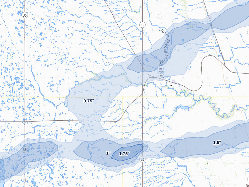 NEXRAD radar-signature map of the hail storm over Fordville, ND on Aug 2, 2026