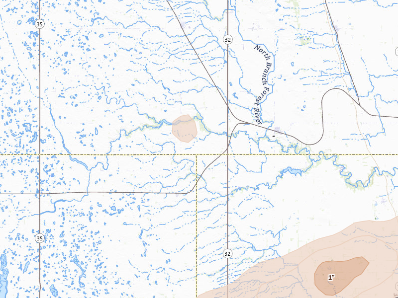 Radar-estimated hail-size map of the storm over Fordville, ND on Aug 24, 2026