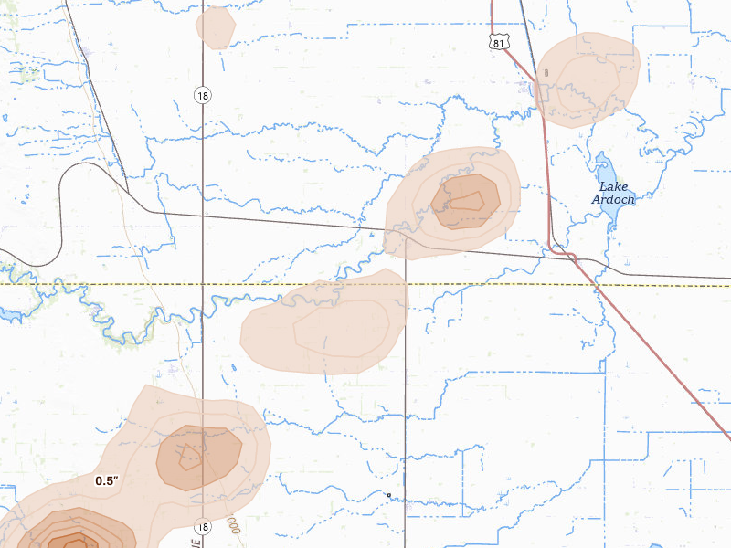 Radar-estimated hail-size map of the storm over Forest River, ND on Jun 29, 2026