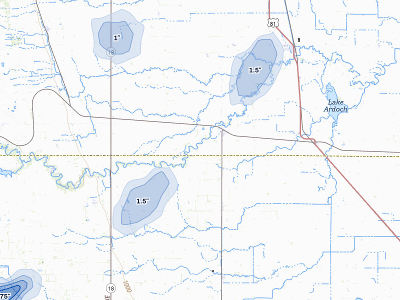 NEXRAD radar-signature map of the hail storm over Forest River, ND on Jun 29, 2026