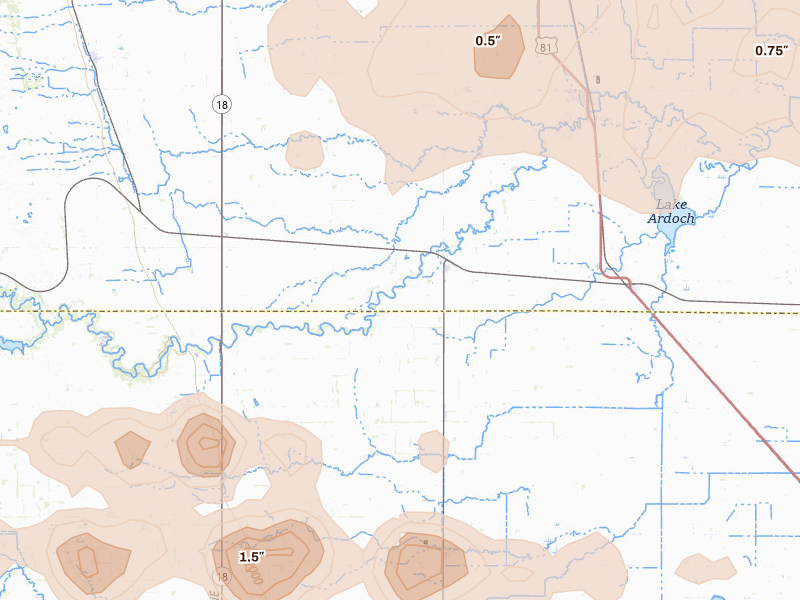 Radar-estimated hail-size map of the storm over Forest River, ND on Jul 24, 2026