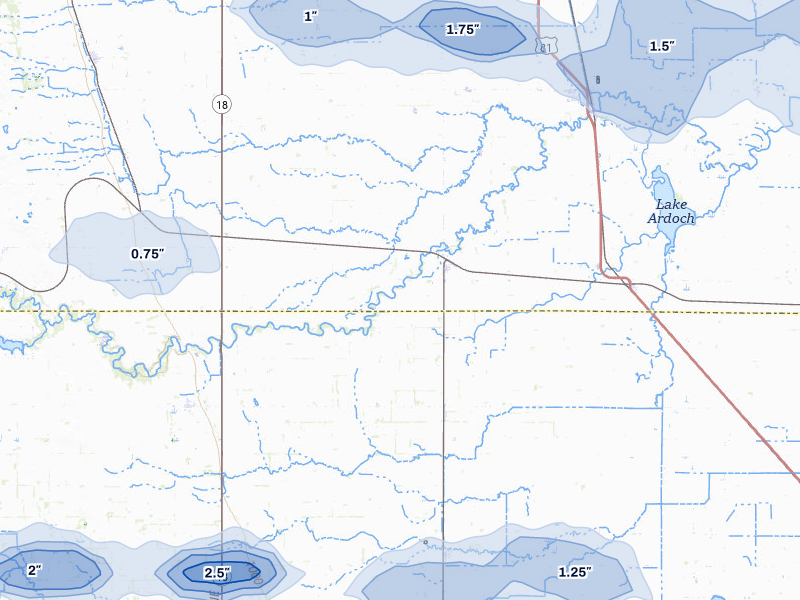 NEXRAD radar-signature map of the hail storm over Forest River, ND on Jul 24, 2026