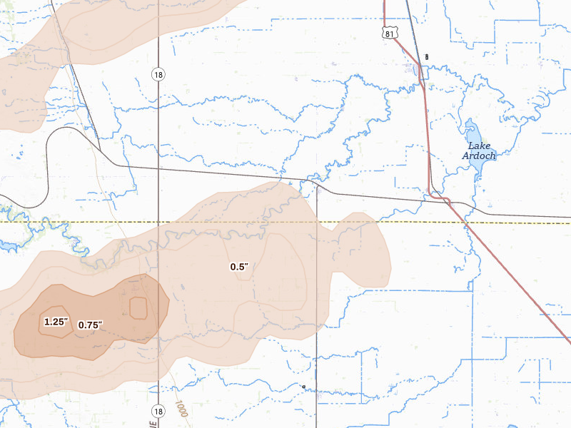 Radar-estimated hail-size map of the storm over Forest River, ND on Aug 2, 2026