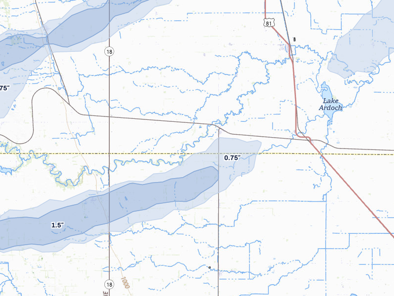 NEXRAD radar-signature map of the hail storm over Forest River, ND on Aug 2, 2026