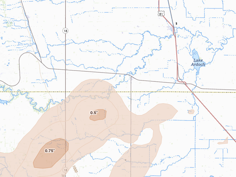 Radar-estimated hail-size map of the storm over Forest River, ND