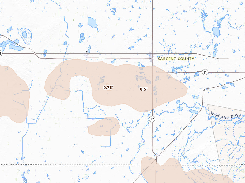 Radar-estimated hail-size map of the storm over Forman, ND on Jul 19, 2026
