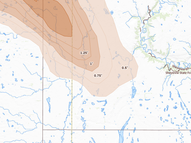 Radar-estimated hail-size map of the storm over Fort Ransom, ND