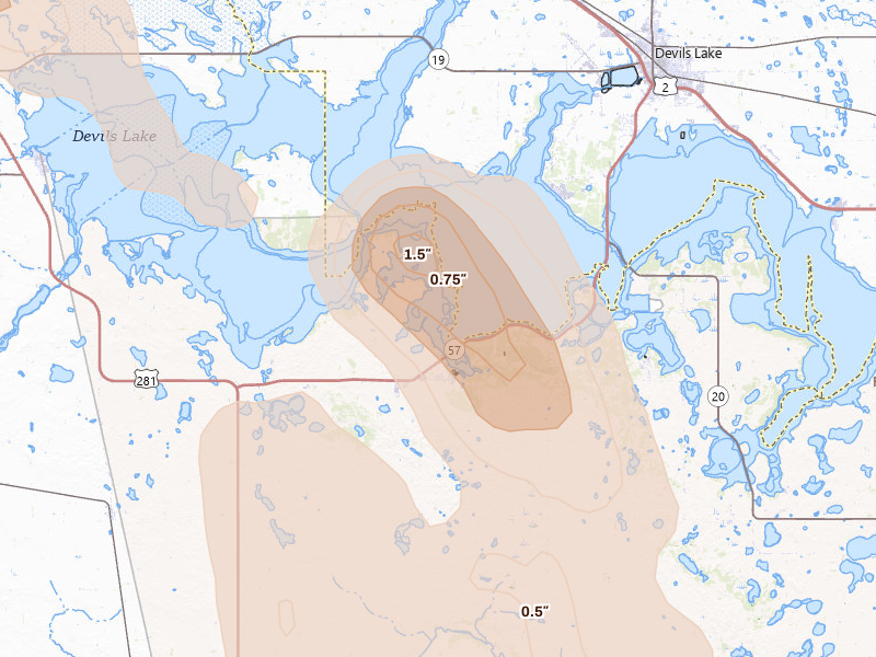 Radar-estimated hail-size map of the storm over Fort Totten, ND on Jul 9, 2026
