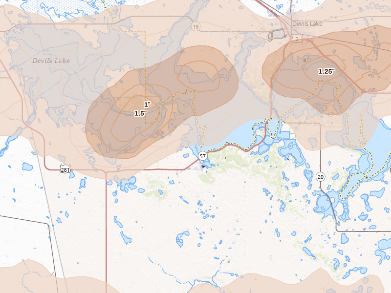 Radar-estimated hail-size map of the storm over Fort Totten, ND