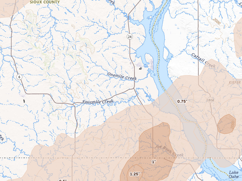 Radar-estimated hail-size map of the storm over Fort Yates, ND on Jun 9, 2026