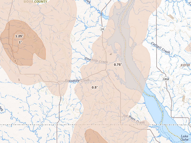 Radar-estimated hail-size map of the storm over Fort Yates, ND on Jun 27, 2026