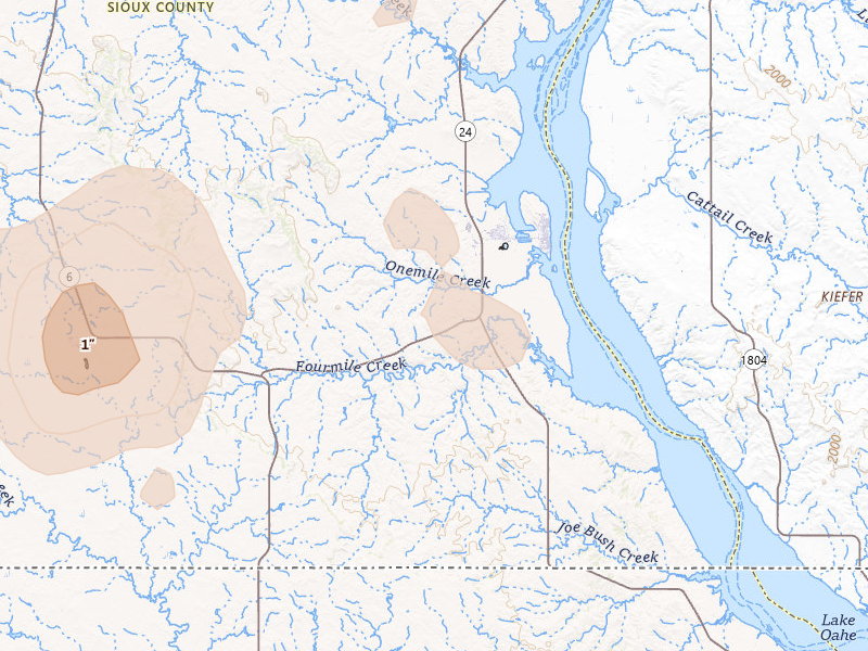 Radar-estimated hail-size map of the storm over Fort Yates, ND on Jul 1, 2026