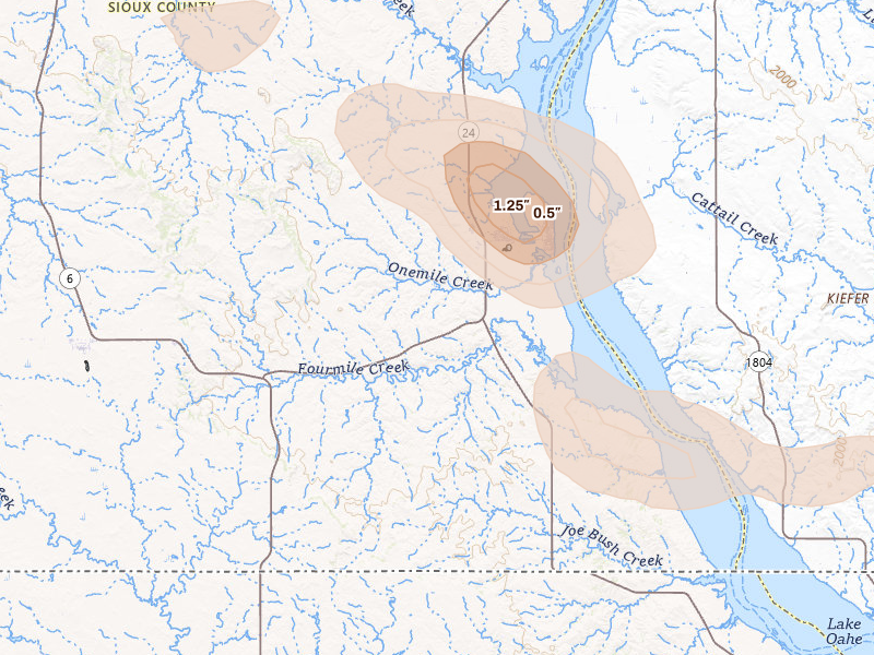 Radar-estimated hail-size map of the storm over Fort Yates, ND on Jul 3, 2026