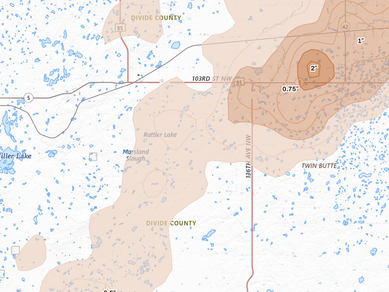 Radar-estimated hail-size map of the storm over Fortuna, ND on Jun 6, 2026