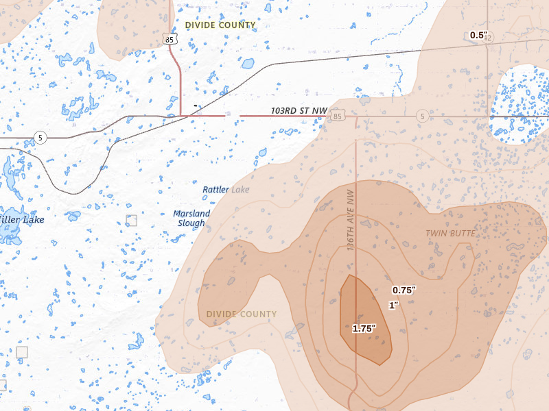 Radar-estimated hail-size map of the storm over Fortuna, ND on Jun 7, 2026