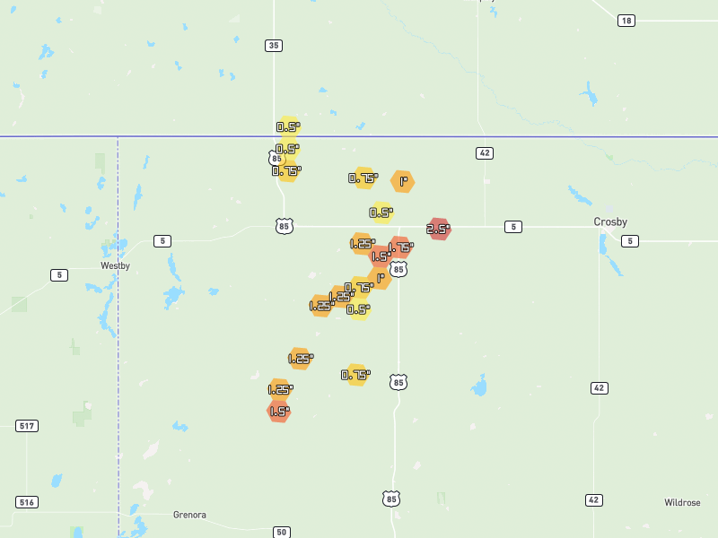 Hail map of Fortuna, ND on Jun 7, 2026, hail up to 2.5"
