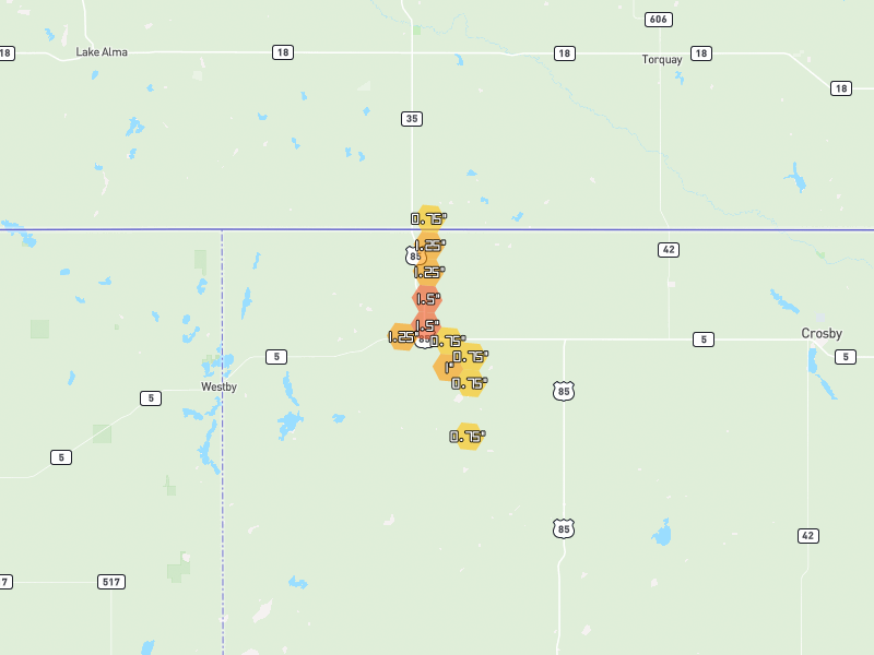 Hail map of Fortuna, ND on Jun 9, 2026, hail up to 1.5"