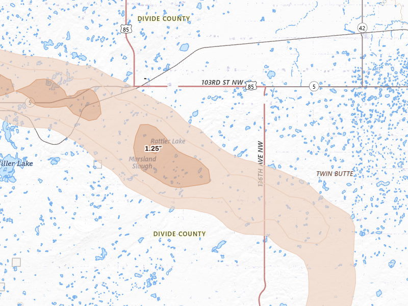 Radar-estimated hail-size map of the storm over Fortuna, ND on Jul 2, 2026