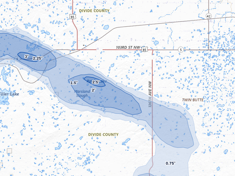 NEXRAD radar-signature map of the hail over Fortuna, ND